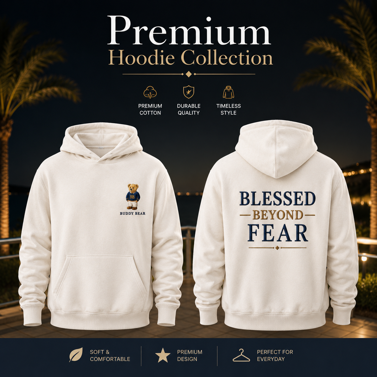 Buddy Bear® Blessed Beyond Fear Premium Embroidered Hoodie